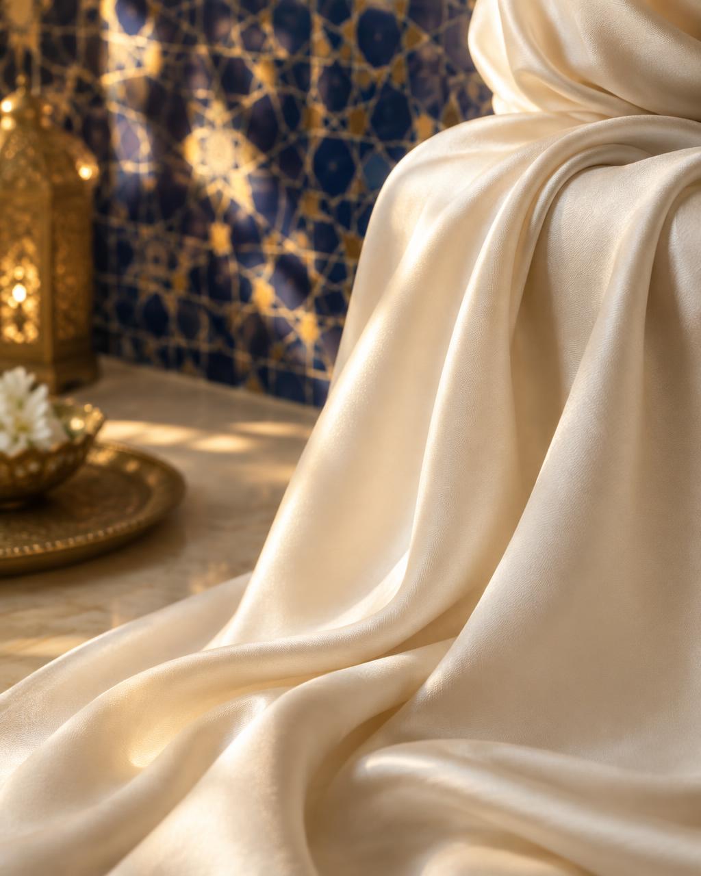 Ivory silk against deep blue Moroccan zellige tilework